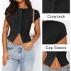 41tf9mZ1bKL.jpg Women's Button Down Shirt Cap Sleeve Tops for Women Button Up Ribbed Knit Slim Fit Casual Y2K Crop Going Out Top