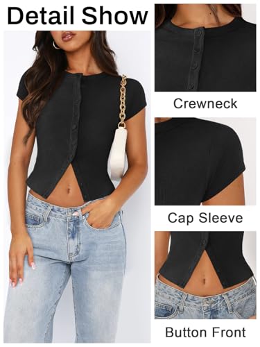 41tf9mZ1bKL.jpg Women's Button Down Shirt Cap Sleeve Tops for Women Button Up Ribbed Knit Slim Fit Casual Y2K Crop Going Out Top
