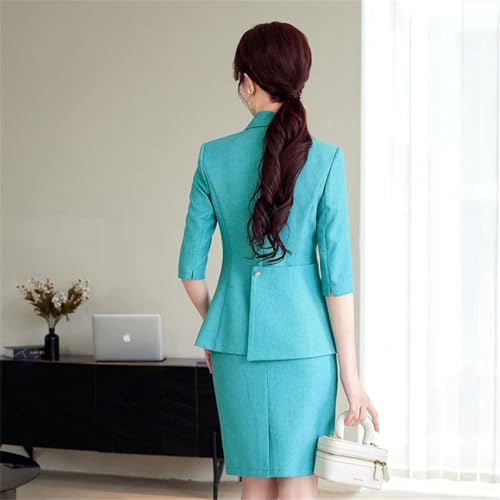 41uurBSWQnL.jpg Women's Solid Lapel Button Half-Sleeved Slim Office Suit Jacket and Skirt Two-Piece Set