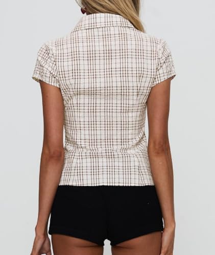 41vlFSdkF2L.jpg Women Y2K Cap Sleeve Button Down Shirt Slim Fit Crop Coquette Shirt V Neck 90s Vintage Preppy Blouse Top