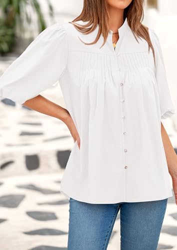 Women's 2025 Summer Short Lantern Sleeve Tops Loose Fit Button Down Shirt Pleated V Neck Blouses Trendy Clothes