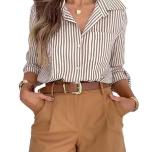 Striped Button Down Shirts for Women Dress Shirts Long Sleeve Casual Collared Office Work Shirt with Pocket
