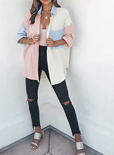 41woiSgJNnL.jpg Womens Color Block Button Down Shirts Long Sleeve Oversized Boyfriend Blouses Tops