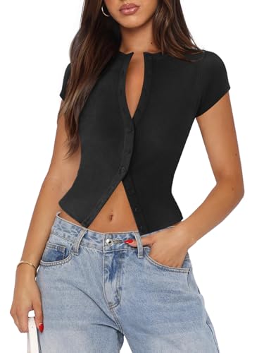 41wrCxQQDML.jpg Women's Button Down Shirt Cap Sleeve Tops for Women Button Up Ribbed Knit Slim Fit Casual Y2K Crop Going Out Top