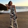 Pants Sets 2 Piece Outfits for Women Zebra Print Halter Vest Top and Wide Leg Pants Dailywear Summer Vacation Sets