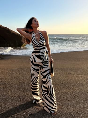 Pants Sets 2 Piece Outfits for Women Zebra Print Halter Vest Top and Wide Leg Pants Dailywear Summer Vacation Sets