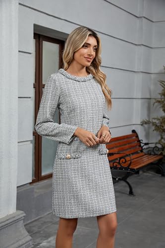41xBQFDEueL.jpg Women's Long Sleeve Tweed Mini Dress Business Work Short Dress Elegant Cute Party Dresses