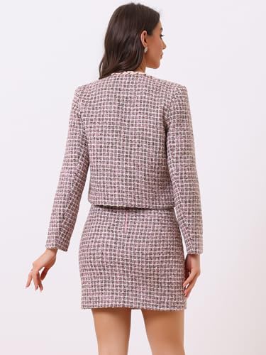 2 Piece Tweed Plaid Skirt Set for Women's Business Collarless Blazer and Mini Skirt Suit Sets
