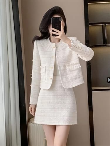 41xde05dNWL.jpg Women Fashion Small Fragrant Tweed Two Piece Set Jacket Coat Mini Skirt Suit French Elegant 2 Piece Outfits