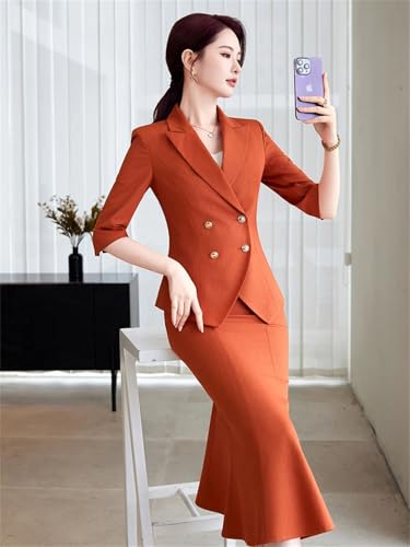 41xxDMQixL.jpg Women's Spring and Summer Solid Lapel Double-Breasted Half-Sleeved Suit Skirt Set