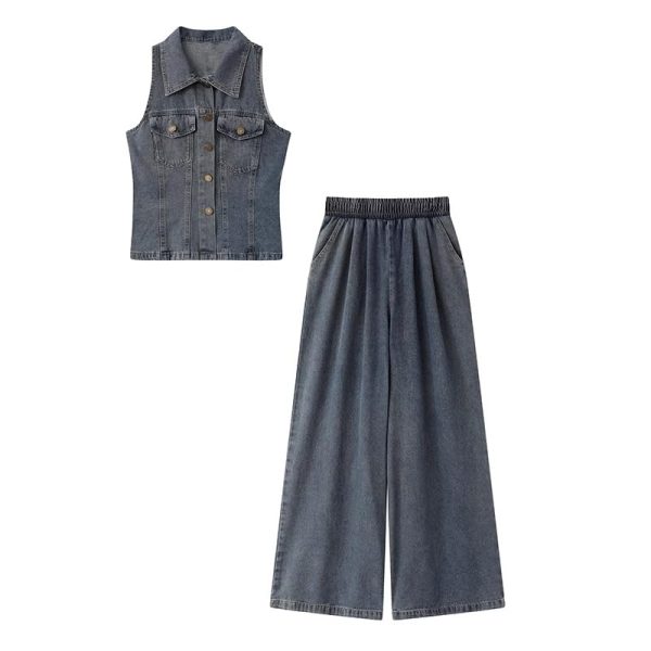 41xy4Rt5FL.jpg Retro Sleeveless Vest Waist Denim Wide Leg Pants Twopiece Suit for Women