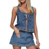 41y4h0sYJ8L.jpg Women's 2 Piece Denim Outfits Tie Up Sleeveless Top Shorts Set Tracksuit Y2k Two Piece Jeans Set Vacation Outfits