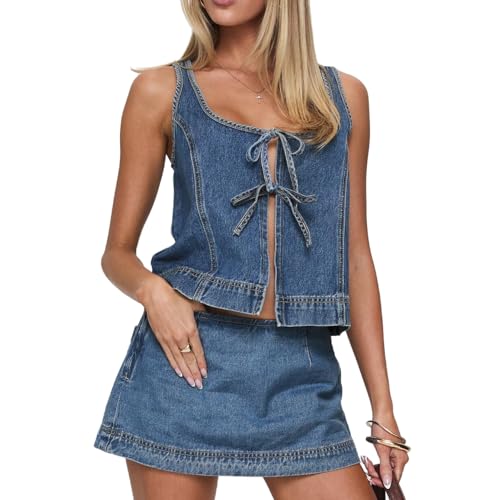 41y4h0sYJ8L.jpg Women's 2 Piece Denim Outfits Tie Up Sleeveless Top Shorts Set Tracksuit Y2k Two Piece Jeans Set Vacation Outfits