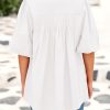 Women's 2025 Summer Short Lantern Sleeve Tops Loose Fit Button Down Shirt Pleated V Neck Blouses Trendy Clothes