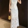 41yAW4er2uL.jpg Women's Elegant Solid Color Embroidery Lace 2 Pieces Sets O Neck Sleeveless Tank Top and A Line High Waist Skirt Suits