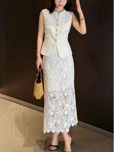 41yAW4er2uL.jpg Women's Elegant Solid Color Embroidery Lace 2 Pieces Sets O Neck Sleeveless Tank Top and A Line High Waist Skirt Suits