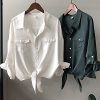 41yEYVHEvpL.jpg Womens Button Down V Neck Shirts 3/4 Sleeve Tie Front Loose Office Business Shirt Blouse Summer Casual Tops