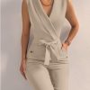 Women's Elegant Jumpsuits V Neck Sleeveless Straight Belted Long Pants Business Suits Set with Pockets