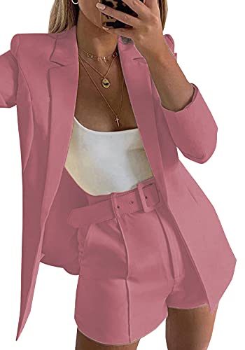 Blazer Shorts Set for Women 2 Piece Long Sleeve Open Front Blazers Short Suits Business Outfits with Belt