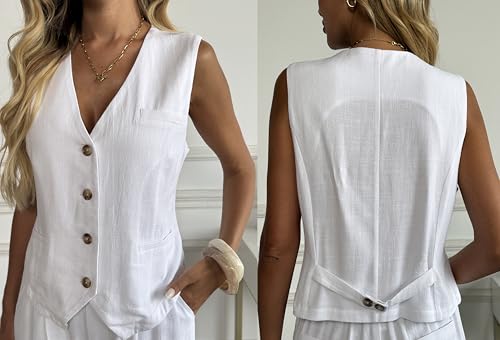41zgDZSRVtL.jpg Women's Linen 2 Piece Sets Summer Outfits Vest Waistcoat Casual Dressy Work Vacation Travel Pants Sets