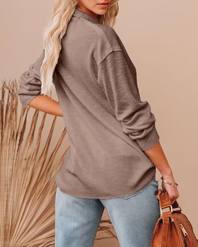41zn2r8iYTL.jpg Women Casual Button Down Fall Blouses 2025 Long Sleeve Solid Business Work Tops Cute Relaxed Fit Shirts