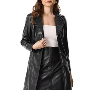 41zp2nY-9GL.jpg Faux Leather Long Jacket for Women's Notched Lapel Collar PU Trench Coat