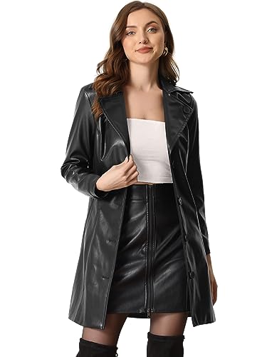 41zp2nY-9GL.jpg Faux Leather Long Jacket for Women's Notched Lapel Collar PU Trench Coat