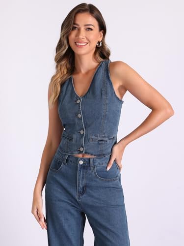 41zrFCuWadL.jpg 2 Piece Outfits Denim Set for Women's Sleeveless Button V Neck Denim Vest Waistcoat Wide Leg Jeans