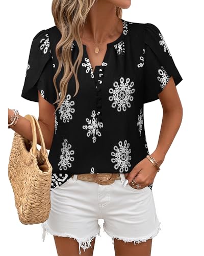 51-QQDkfwsL.jpg Womens Summer Tops Boho Short Sleeve Business Casual Blouses Button Down Floral Shirts Fashion Beach Vacation Clothes