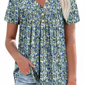 51-cGPcOifL.jpg Womens Summer Tunic Tops Button Down Shirts Short Sleeve T-shirts Beach Vacation Clothes Spring S-3XL