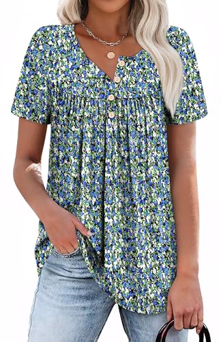 51-cGPcOifL.jpg Womens Summer Tunic Tops Button Down Shirts Short Sleeve T-shirts Beach Vacation Clothes Spring S-3XL