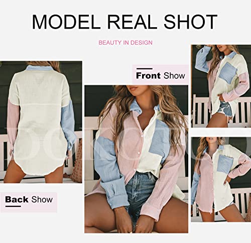 51-eOVmXqyL.jpg Womens Color Block Button Down Shirts Long Sleeve Oversized Boyfriend Blouses Tops