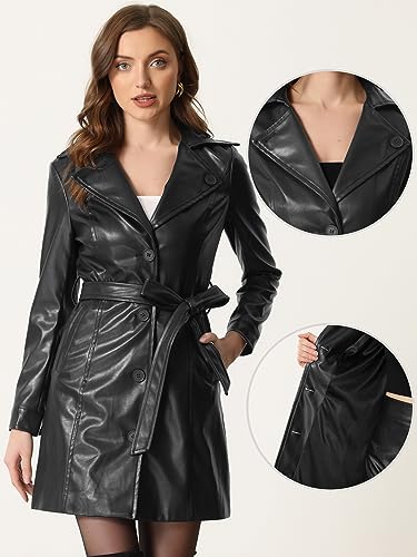 510-JZzDgQL.jpg Faux Leather Long Jacket for Women's Notched Lapel Collar PU Trench Coat