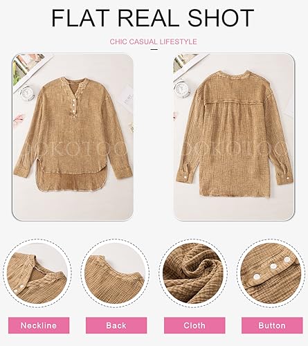51035KEOsL.jpg Womens Casual Button V Neck Long Sleeve Shirts Oversized Solid Blouses Tops
