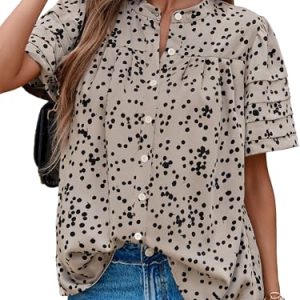 510FfLczNOL.jpg Womens Tops Summer Boho Floral Short Sleeve Button Down Shirts Crewneck Loose Vacation Dressy Casual Work Blouses
