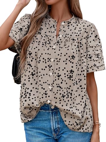510FfLczNOL.jpg Womens Tops Summer Boho Floral Short Sleeve Button Down Shirts Crewneck Loose Vacation Dressy Casual Work Blouses