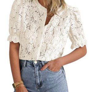 Womens 2025 Spring Lace Tops Short Puff Sleeve Casual Dressy Blouses Eyelet Crew Neck Button Down Shirts
