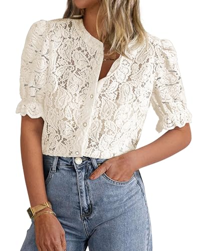 511T1bqmpSL.jpg Womens 2025 Spring Lace Tops Short Puff Sleeve Casual Dressy Blouses Eyelet Crew Neck Button Down Shirts