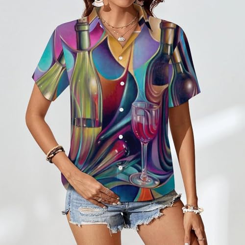5121yR1-03L.jpg Wine Glasses Women's Button Down Shirts Short Sleeve Casual Summer Blouses Tops
