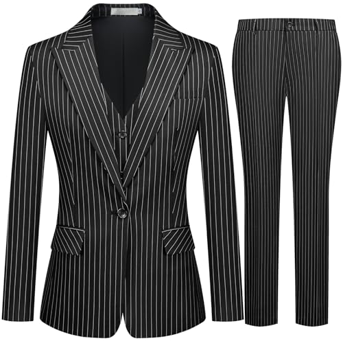 Women's 3 Piece Striped Suit One Button Slim Fit Business Work Professional Blazer Jacket Vest Pants Set