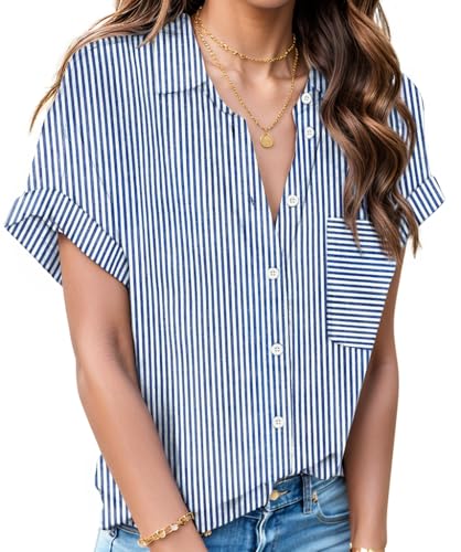 512HefIHQ7L.jpg Linen Shirts for Women Cotton Short Sleeve V Neck Collared Button Down Blouses Tops S-3XL