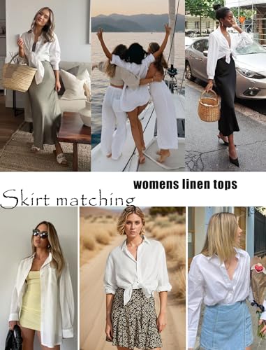 512MCXCbnDL.jpg Womens Linen Button Down Shirt Casual Long Sleeve Cotton Blouse Loose Fit Collared Work Gauze Tops with Pocket