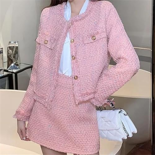 512ybo4-VkL.jpg Women's Tweed Two Pieces Set Winter Long Sleeves Jacket Coat + Office Skirt Suits