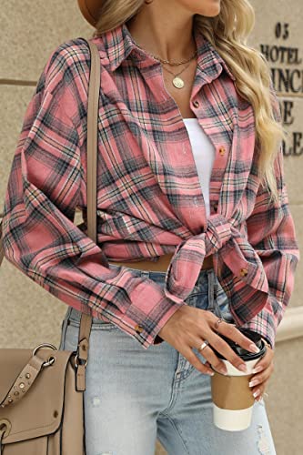 5134QpSBX-L.jpg Womens Button Down Flannel Shirts Long Sleeve Plaid Shackets Business Casual Blouse Top
