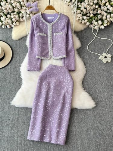 514NlWSRLnL.jpg Women's French Skirt Set Heavy Industry Beaded Sequined Temperament Coat Skirt Two-Piece Set