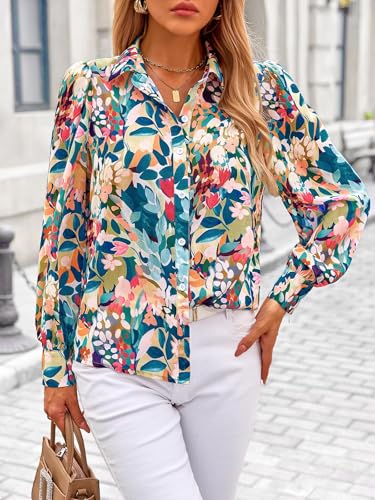 514gPgyBEPL.jpg Women's Floral Blouses Dressy Casual V Neck Button Down Shirts Lantern Long Sleeve Boho Chiffon Fall Tops 2025