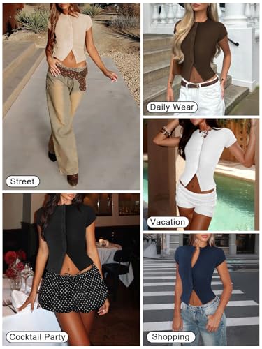 515-bPReJyL.jpg Women's Button Down Shirt Cap Sleeve Tops for Women Button Up Ribbed Knit Slim Fit Casual Y2K Crop Going Out Top