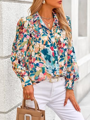 5152uFSvmuL.jpg Women's Floral Blouses Dressy Casual V Neck Button Down Shirts Lantern Long Sleeve Boho Chiffon Fall Tops 2025