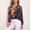 516E28IJSJL.jpg Wild Animals Lion Flowers Women's Button Down Shirts V Neck Long Sleeve Blouses Loose T-Shirt Tops