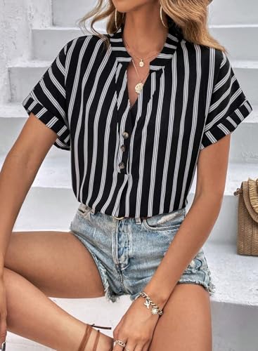 516I8fxpWcL.jpg Womens Shirts Dressy Casual Summer Batwing Sleeve Shirt Trendy V Neck Button Down Striped Tops and Blouses